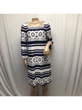 Sandra Darren Dress Navy White Lace Stripe Pattern Size 10 Stretch Office Comfy